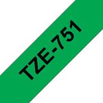 Brother P-Touch TZe Lam Tape Cassette 24mm x 8m Black on Green Tape TZE751