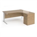 Maestro 25 right hand ergonomic desk 1600mm with white cantilever frame and desk high pedestal - Kendal Oak