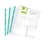 Q-Connect Delux Punched Pocket Top Opening Green Strip A4 Clear (Pack of 100) KF01121