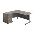 Jemini Radial Left Hand Desk 1600x800-1200x730mm Grey Oak/Silver 600mm Desk High Pedestal KF822671