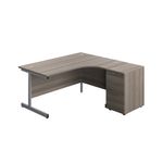 Jemini Radial Right Hand Desk 1600x800-1200x730mm Grey Oak/Silver 600mm Desk High Pedestal KF822681