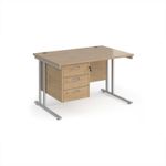 Maestro 25 straight desk 1200mm x 800mm with 3 drawer pedestal - silver cantilever leg frame, Kendal oak top