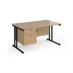 Maestro 25 straight desk 1400mm x 800mm with 2 drawer pedestal - black cantilever leg frame, Kendal oak top