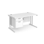 Maestro 25 straight desk 1400mm x 800mm with 2 drawer pedestal - white cantilever leg frame, white top