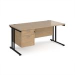 Maestro 25 straight desk 1600mm x 800mm with 2 drawer pedestal - black cantilever leg frame, Kendal oak top