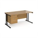 Maestro 25 straight desk 1600mm x 800mm with 2 drawer pedestal - black cantilever leg frame, oak top