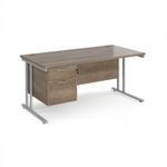 Maestro 25 straight desk 1600mm x 800mm with 2 drawer pedestal - silver cantilever leg frame, Nebraska oak top