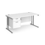 Maestro 25 straight desk 1600mm x 800mm with 2 drawer pedestal - silver cantilever leg frame, white top