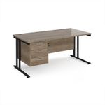 Maestro 25 straight desk 1600mm x 800mm with 3 drawer pedestal - black cantilever leg frame, Nebraska oak top
