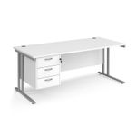 Maestro 25 straight desk 1800mm x 800mm with 3 drawer pedestal - silver cantilever leg frame, white top