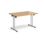 Rectangular folding leg table with chrome legs and straight foot rails 1200mm x 800mm - oak