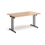 Rectangular folding leg table with black legs and straight foot rails 1400mm x 800mm - beech