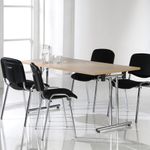 Rectangular folding leg table with black legs and straight foot rails 1400mm x 800mm - oak