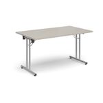 Rectangular folding leg table with silver legs and straight foot rails 1400mm x 800mm - Light Grey