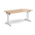 Rectangular folding leg table with silver legs and straight foot rails 1600mm x 800mm - beech