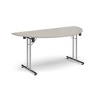 Semi circular folding leg table with chrome legs and straight foot rails 1600mm x 800mm - Light Grey