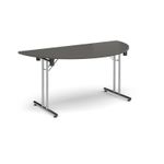 Semi circular folding leg table with chrome legs and straight foot rails 1600mm x 800mm - Onyx Grey