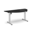 Semi circular folding leg table with silver legs and straight foot rails 1600mm x 800mm - Black