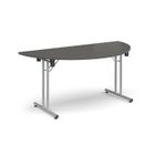 Semi circular folding leg table with silver legs and straight foot rails 1600mm x 800mm - Onyx Grey