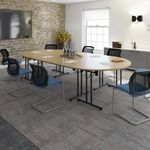 Semi circular folding leg table with white legs and straight foot rails 1600mm x 800mm - Onyx Grey