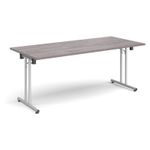 Rectangular folding leg table with silver legs and straight foot rails 1800mm x 800mm - grey oak