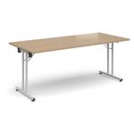 Rectangular folding leg table with white legs and straight foot rails 1800mm x 800mm - Kendal Oak