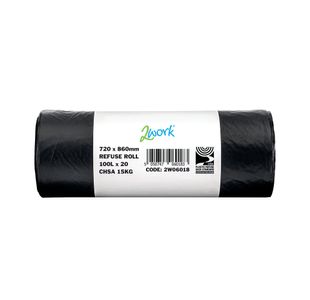 2Work Refuse Sack 100 Litre Black 20 Bags per Roll (Pack of 10) 2W06018
