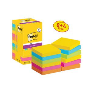 Post-it Super Sticky Notes 76x76mm 90 Sheet Carnival Value Pack 8+4 FOC (Pack of 12) 654-SSCARN-P8+4