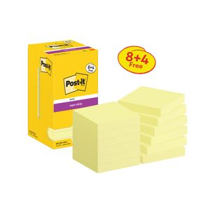 Post-it Super Sticky 76x76mm 90 Sheets Canary Yellow Value Pack 8+4 FOC (Pack of 12) 654-SSCY-P8+4