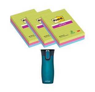 Post-It Super Sticky 101x152mm Lined Ultra 3x3 Pads (Pack of 9) + FOC Contigo Travel Mug