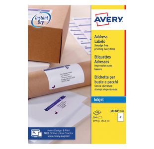 Avery Inkjet Label 199.6x143.5mm 2 Per Sheet Wht (Pack of 200) J8168-100