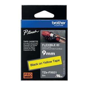 Brother P-Touch TZe Lam Tape Cassette 9mm x 8m Black on Yellow Flexible ID Tape TZEFX621