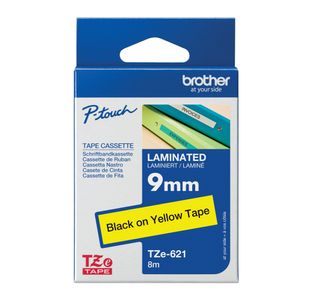 Brother P-Touch TZe Lam Tape Cassette 9mm x 8m Black on Yellow Tape TZE621