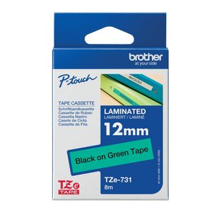 Brother P-Touch TZe Lam Tape Cassette 12mm x 8m Black on Green Tape TZE731