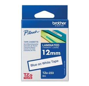 Brother P-Touch TZe Lam Tape Cassette 12mm x 8m Blue on White Tape TZE233