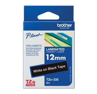 Brother P-Touch TZe Lam Tape Cassette 12mm x 8m White on Black Tape TZE335