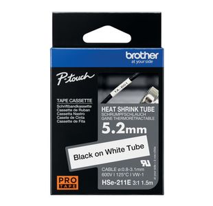 Brother HSe Heat Shrink Tube Tape Cassette 5.2mm x 1.5m Black on White HSe211E