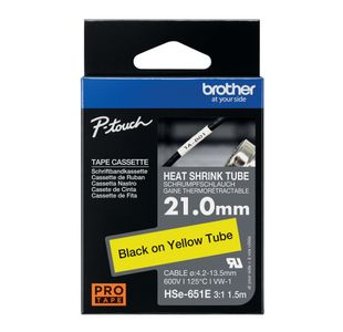 Brother HSe Heat Shrink Tube Tape Cassette 21.0mm x 1.5m Black on Yellow HSe651E