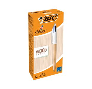 Bic 4 Colour Ballpoint Pen Wood Effect Barrel Pack of 12 3086123704213
