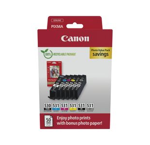 Canon PGI-530/CLI-531 Ink Cartridges PGBK/CMYK/GY + 4 x 6 in Photo Paper Value Pack 6117C004