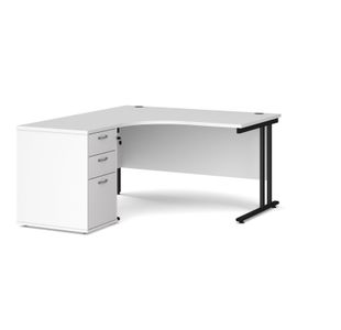 Maestro 25 left hand ergonomic desk 1400mm with black cantilever frame and desk high pedestal - white