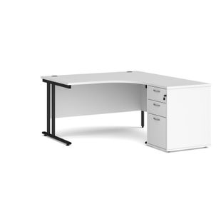 Maestro 25 right hand ergonomic desk 1400mm with black cantilever frame and desk high pedestal - white