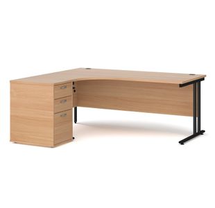 Maestro 25 left hand ergonomic desk 1800mm with black cantilever frame and desk high pedestal - beech