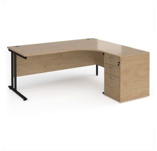 Maestro 25 right hand ergonomic desk 1800mm with black cantilever frame and desk high pedestal - Kendal Oak