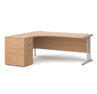 Maestro 25 left hand ergonomic desk 1800mm with silver cantilever frame and desk high pedestal - beech