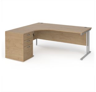 Maestro 25 left hand ergonomic desk 1800mm with silver cantilever frame and desk high pedestal - Kendal Oak