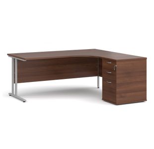 Maestro 25 right hand ergonomic desk 1800mm with silver cantilever frame and desk high pedestal - walnut
