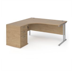 Maestro 25 left hand ergonomic desk 1600mm with white cantilever frame and desk high pedestal - Kendal Oak