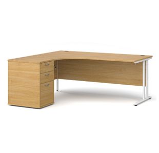Maestro 25 left hand ergonomic desk 1800mm with white cantilever frame and desk high pedestal - oak