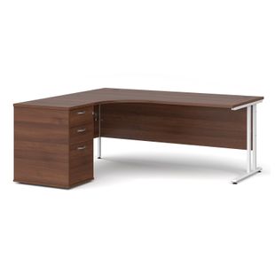 Maestro 25 left hand ergonomic desk 1800mm with white cantilever frame and desk high pedestal - walnut